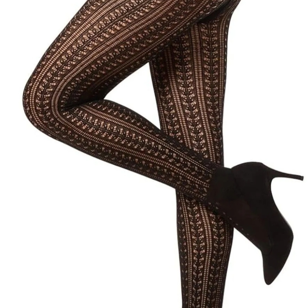 Black Pointelle Tights Medium Sheer Patterned Knit Hosiery NWT